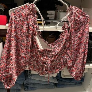 Lovers + friends floral stretchy satin crop top with ruffles